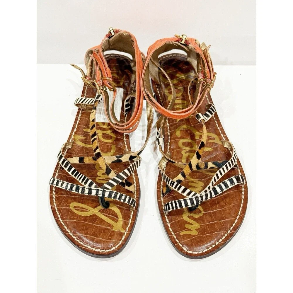 Sam Edelman Gable Women Animal Print Strappy Thong Sandals Size 8.5 M Orange EUC